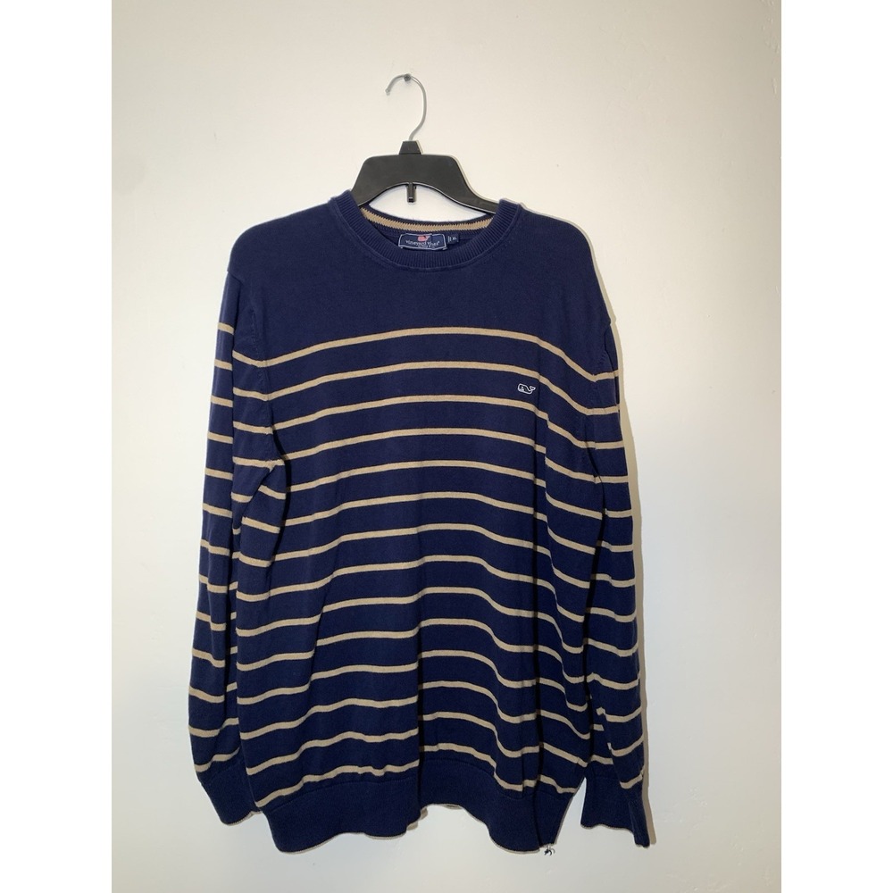 Vineyard Vines Mens XL Navy Blue Tan Striped Crewneck Knit‎ Sweater Whale Logo